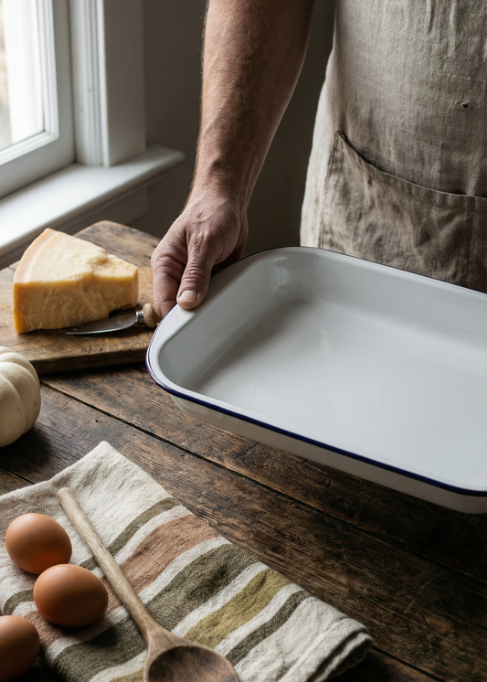 Person holding a white tray on a wooden table with eggs, a wooden spoon, and a towel.