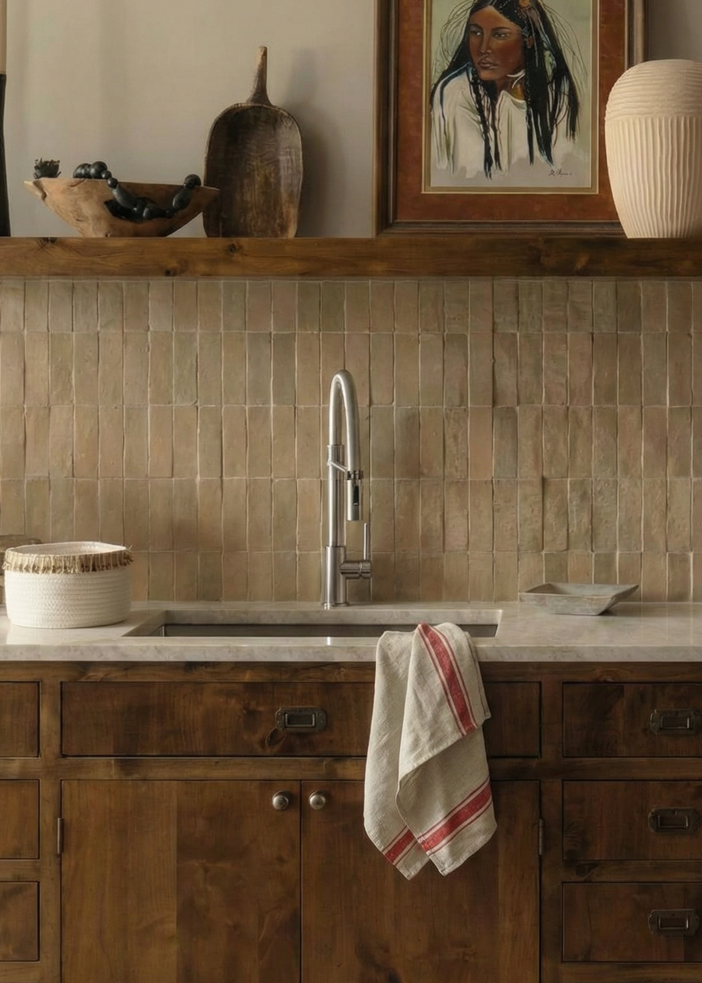 Kitchen with wooden cabinets, tiled backsplash, and decorative items on a shelf.