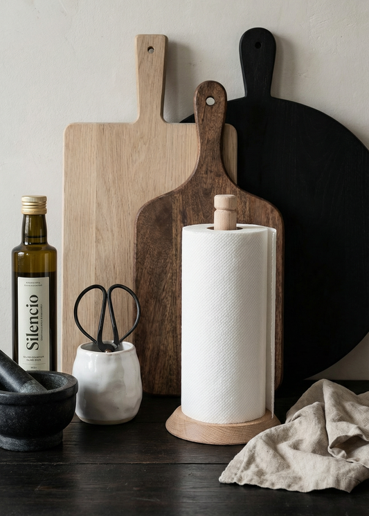 Wooden cutting boards, paper towel holder, and kitchen items on a wooden surface.