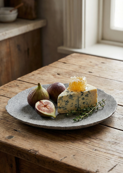 Blue cheese with figs and honey on a wooden table