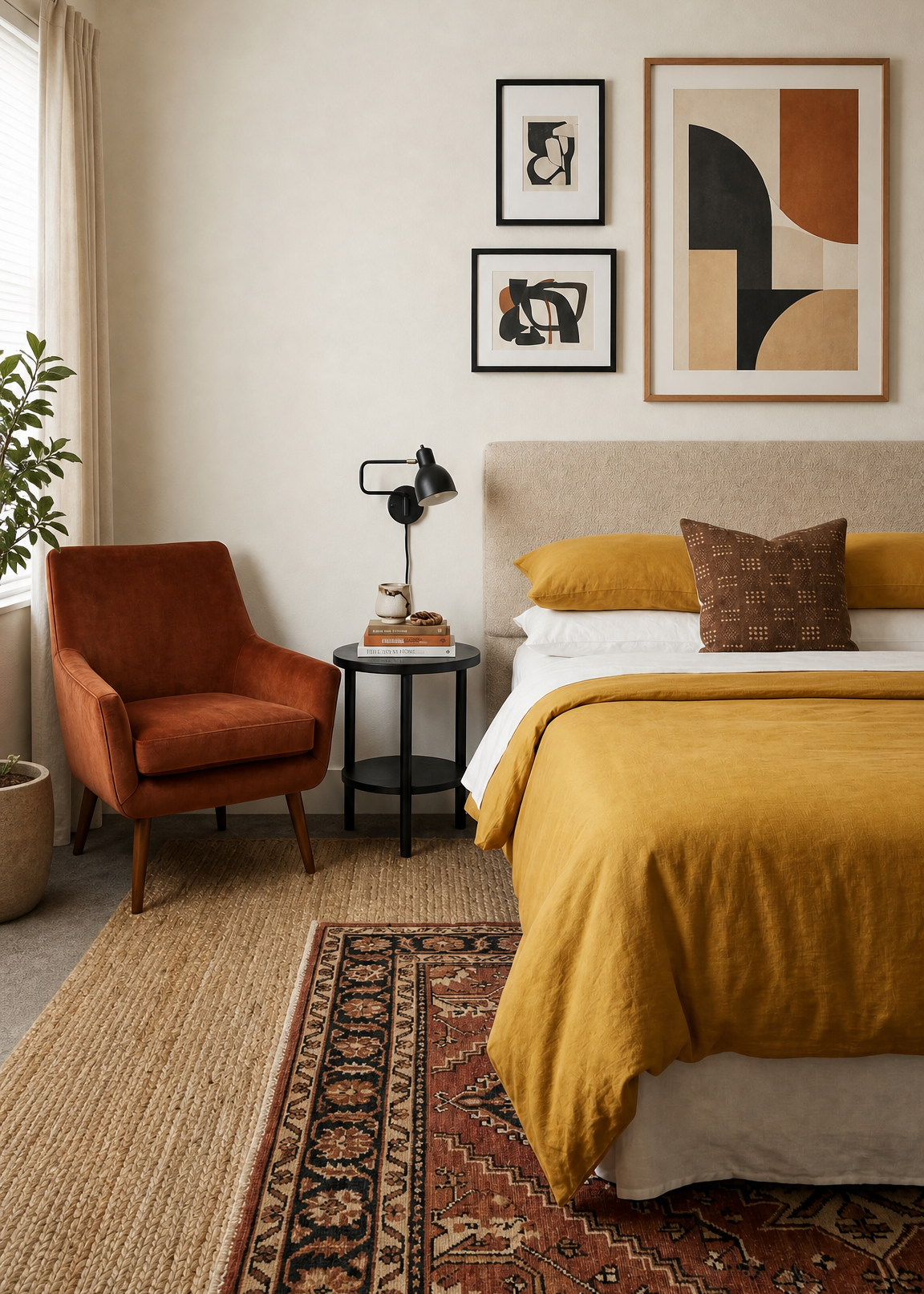 Cozy bedroom with a bed, armchair, and wall art