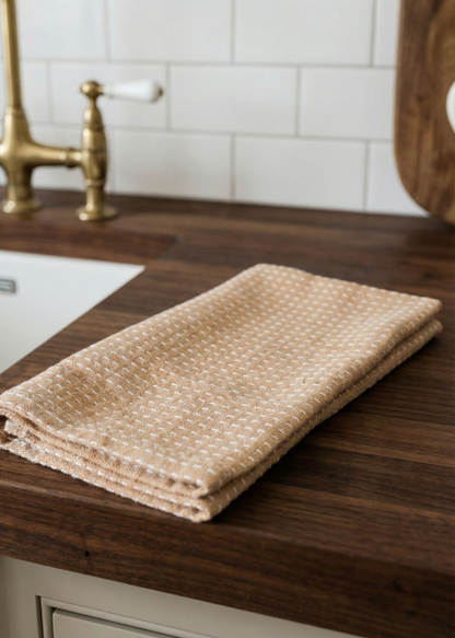 Folded beige towel on a wooden kitchen counter with a white tiled wall and brass faucet in the background.