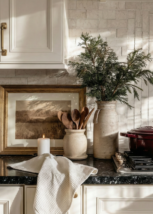 Kitchen counter with decorative items including a vase of greenery, candles, and a framed picture.