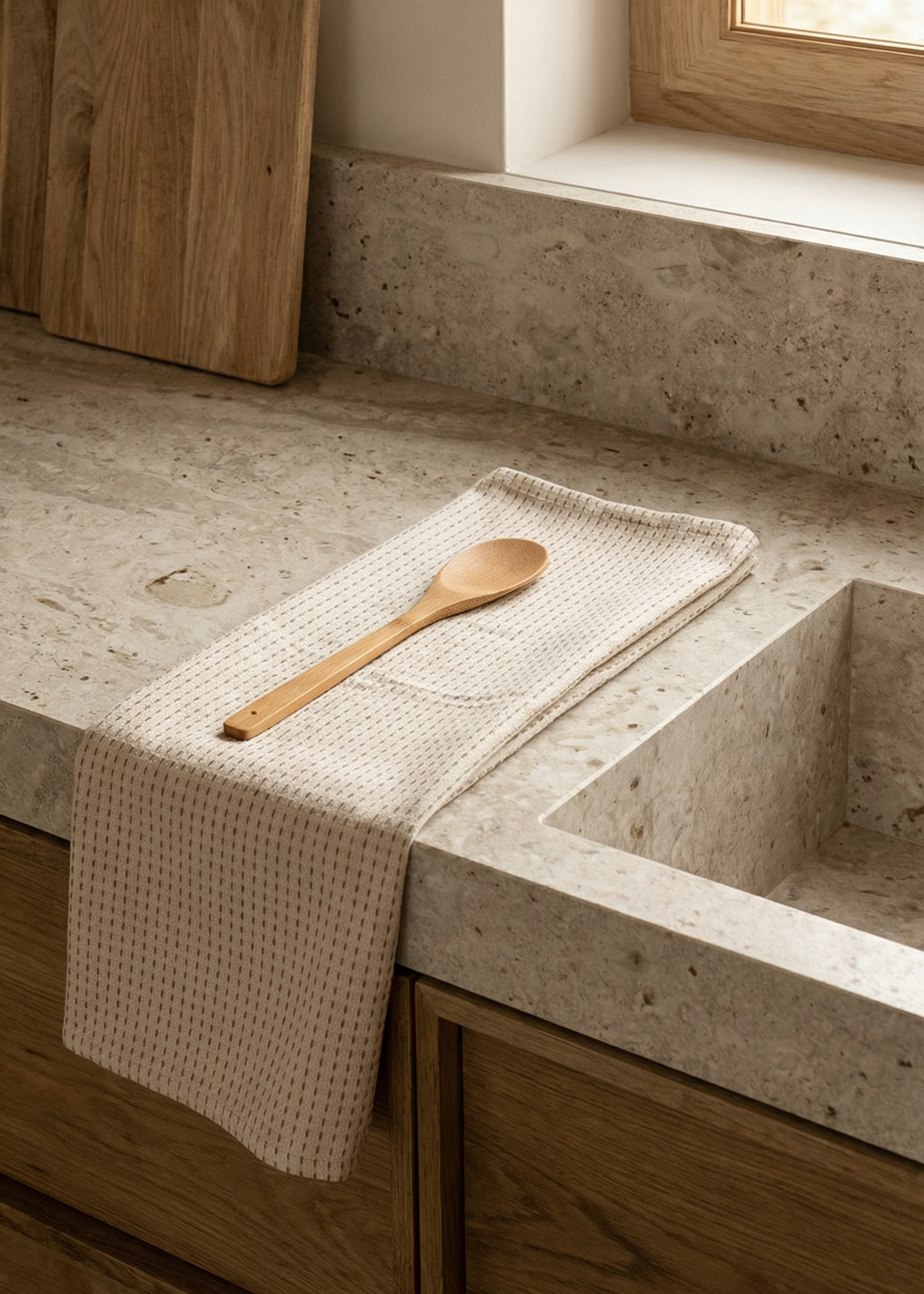 Kitchen counter with concrete sink, wooden spoon, and cutting boards.