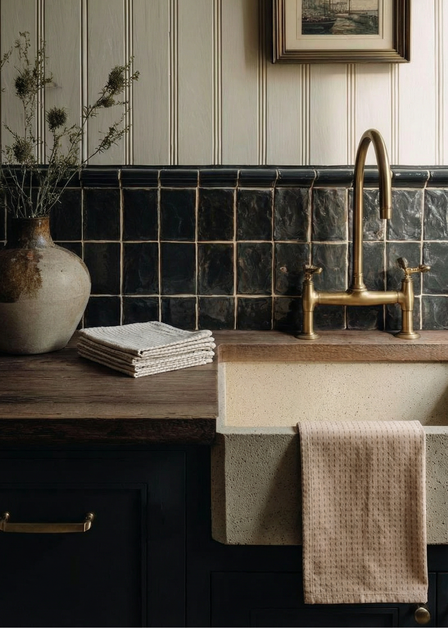 Bathroom with marble tiles, wooden counter, and framed picture on the wall.