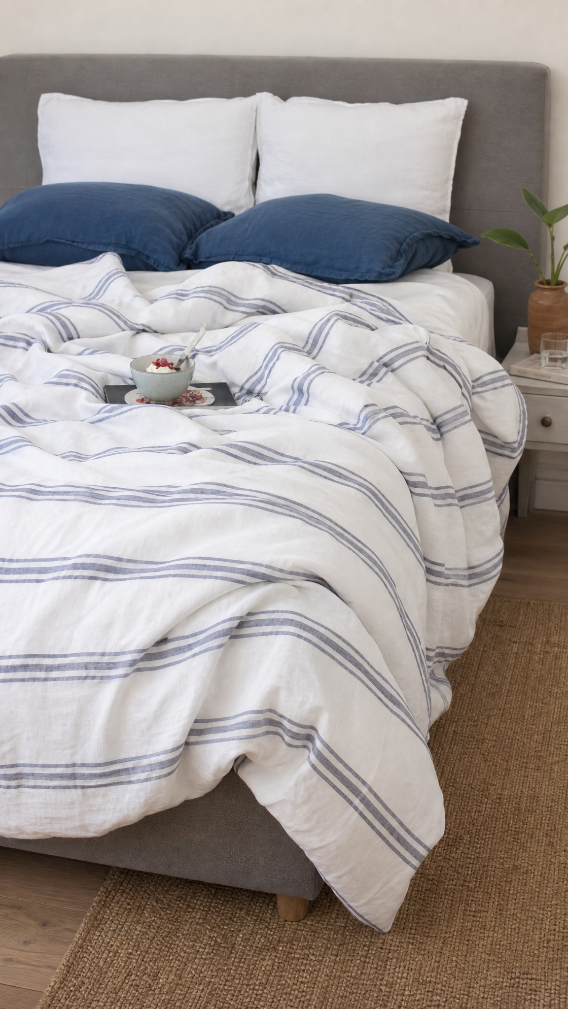 Linen Duvet Cover Set | White & Royal Navy Stripe