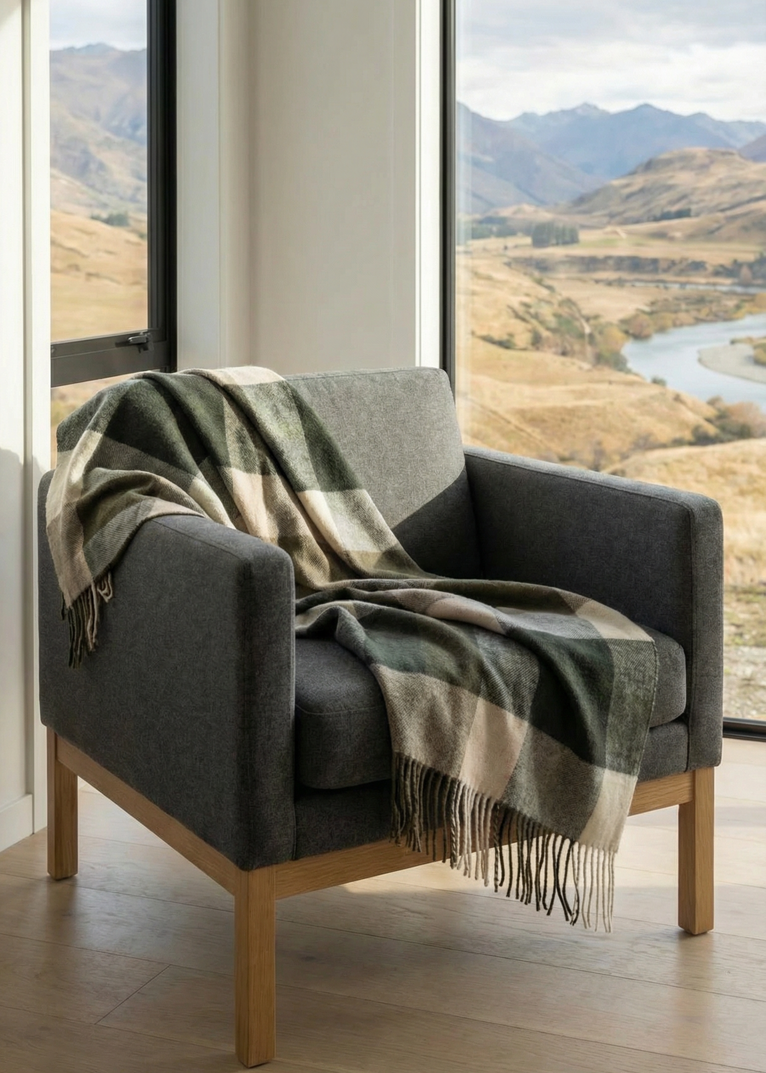 Gray armchair with a plaid blanket in a room with large windows showing a scenic view of mountains and a river.
