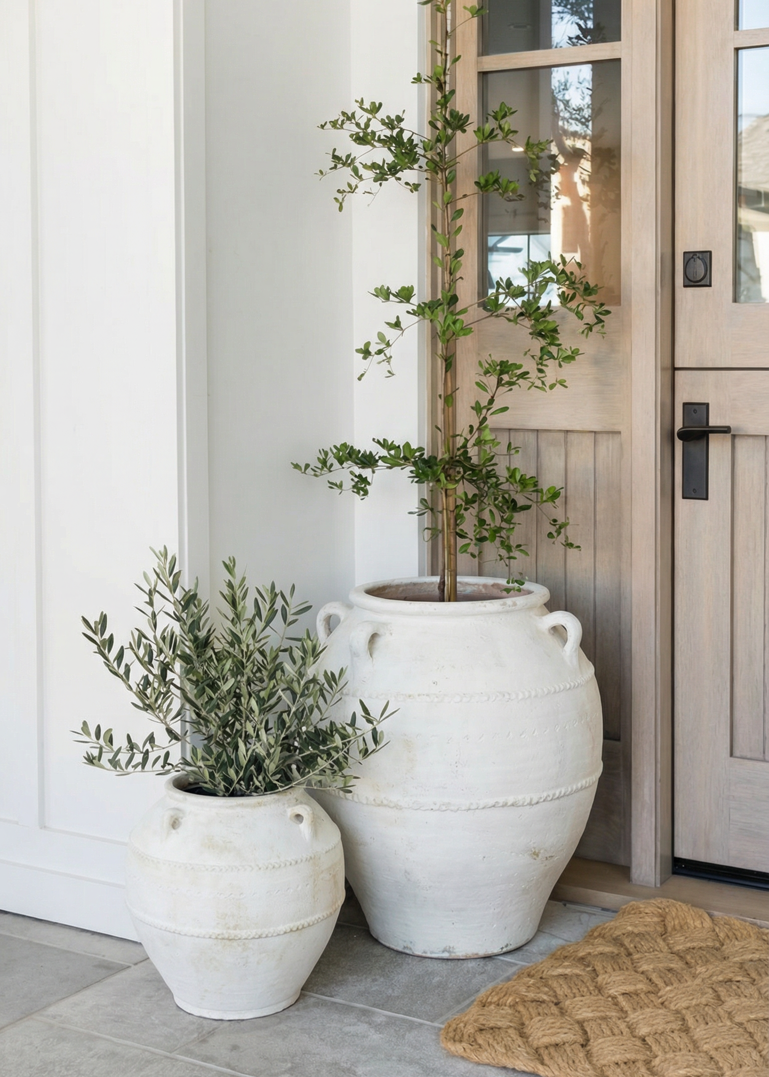 Two large white pots with plants on a porch next to a wooden door.