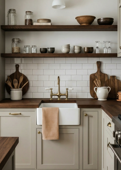 Modern kitchen with wooden shelves, white tiles, and stainless steel appliances.
