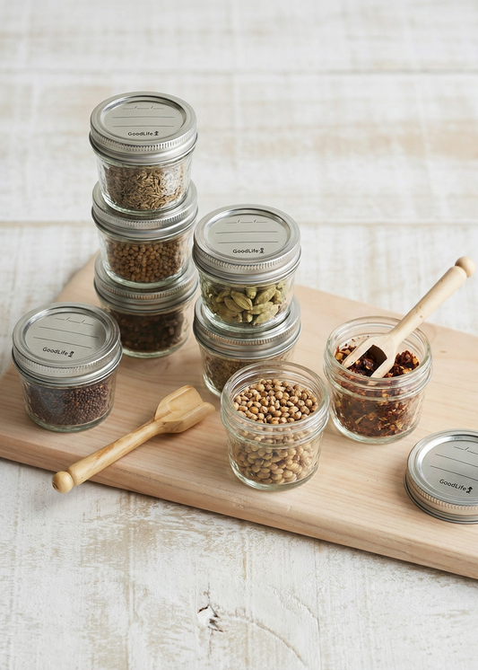 Set of glass jars with spices on a wooden board with a light background