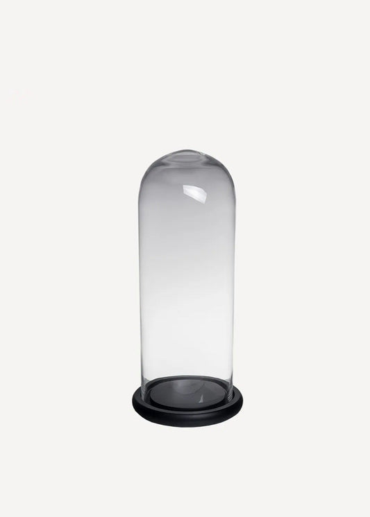 Clear glass dome with black base on a white background