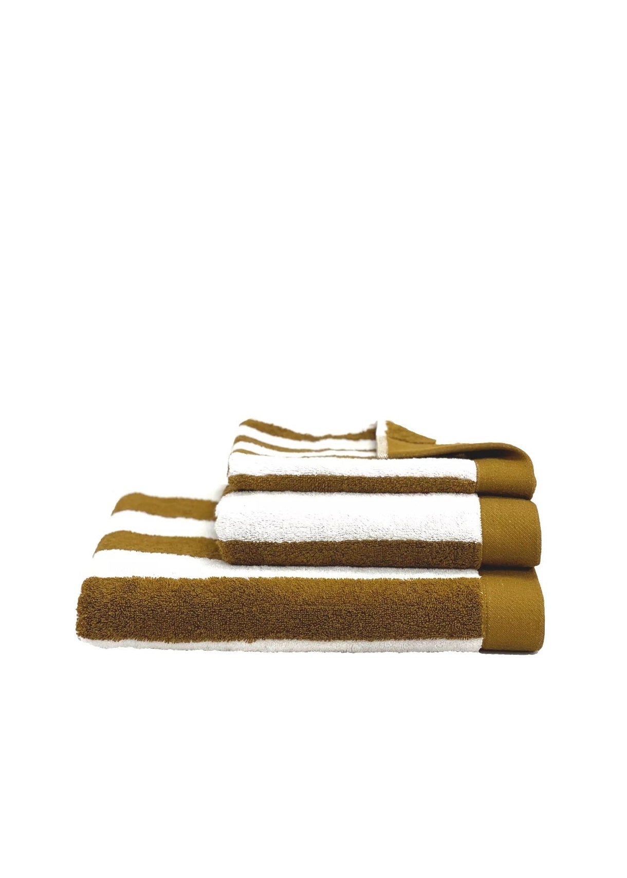 A set of three folded striped towels in brown and white, arranged in a stack on a plain white background.