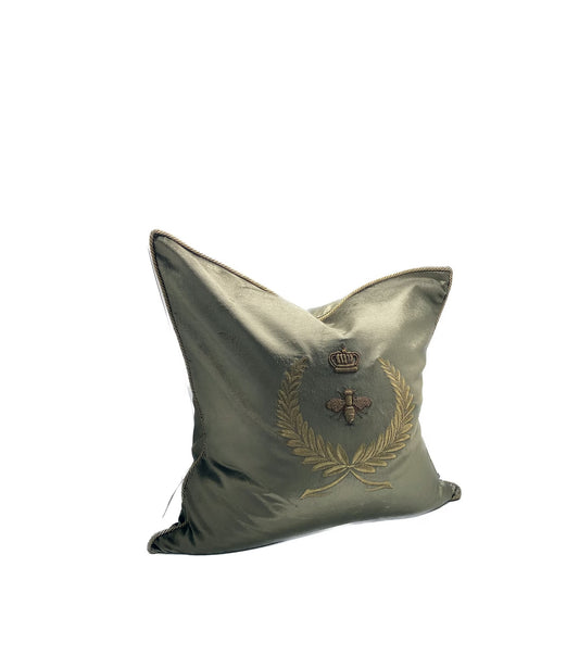 HAND EMBROIDERED - Bee Cushion | Green Velvet