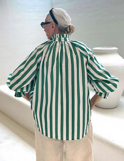 Oversized Cotton Shirt - Green Stripes