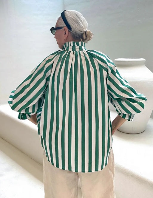 Oversized Cotton Shirt - Green Stripes