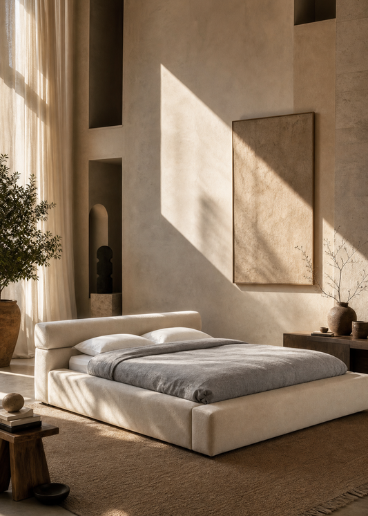 Modern bedroom with a bed, side table, and wall art in a warm-toned room.
