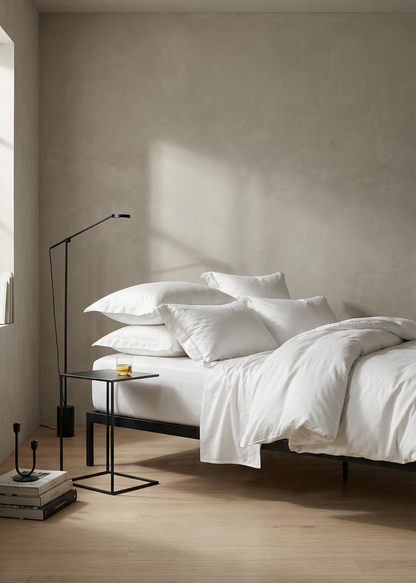 Minimalist bedroom with a bed and side table against a neutral wall.