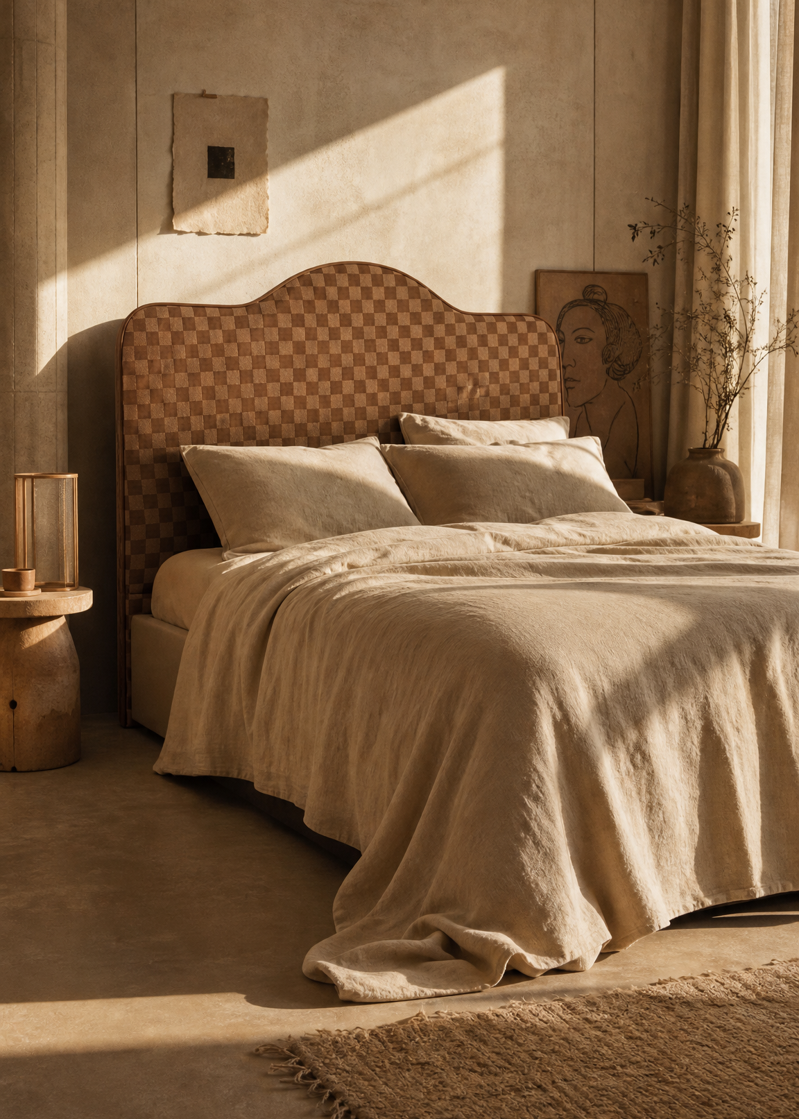 Bedroom with a textured headboard and soft lighting