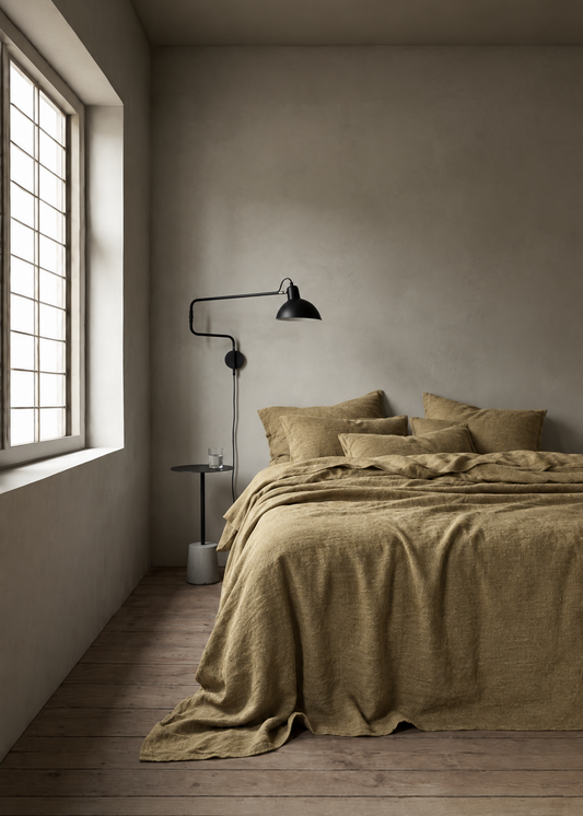 A rustic bedroom scene featuring a bed dressed in a textured olive-brown linen cover and matching pillows, set against a warm plaster wall with a black wall lamp and a window on the left.