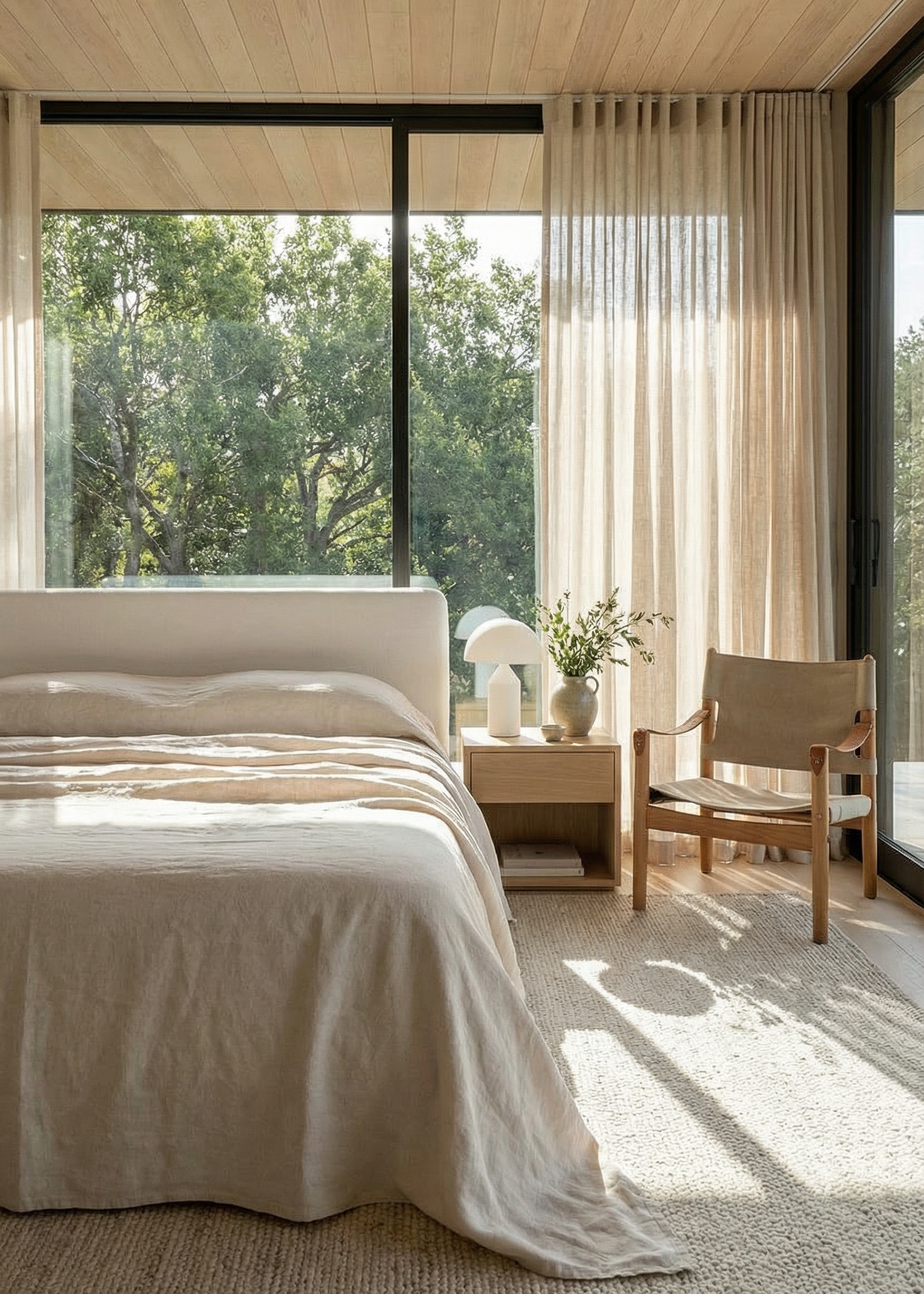 Modern bedroom with large windows, neutral decor, and a wooden chair.