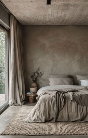 Modern bedroom with concrete walls, a bed, and decorative elements.