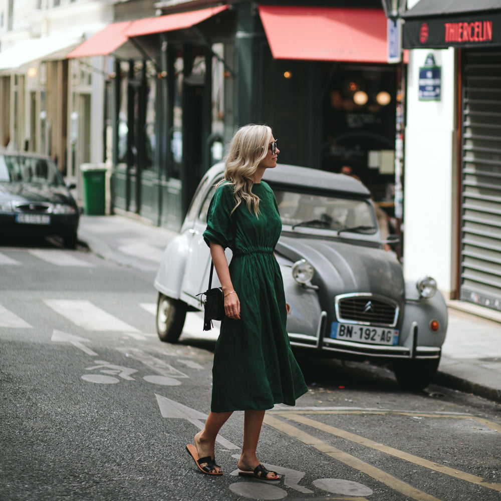 Gathered waist Linen Dress | Green