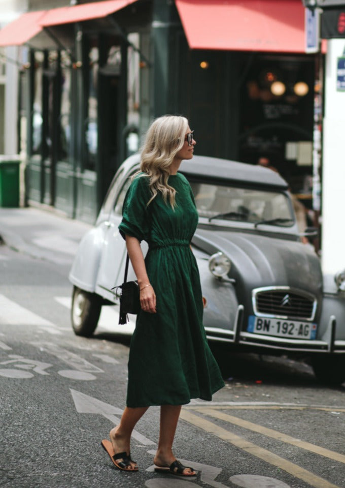 Gathered waist Linen Dress | Green