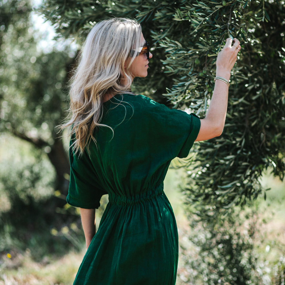 Gathered waist Linen Dress | Green