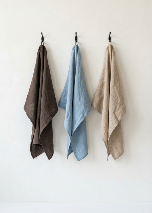 Three towels in brown, blue, and beige hanging on a white wall.