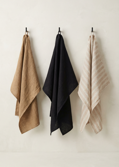 Three towels in brown, black, and beige hanging on a white wall.