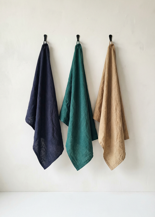 Three towels in navy, green, and beige hanging on a white wall.
