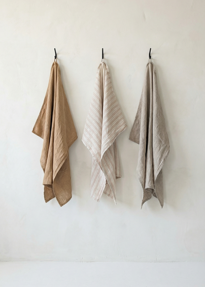 Three beige towels hanging on hooks against a white wall