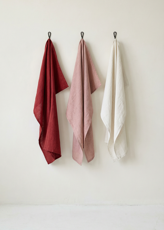 Three towels in red, pink, and white hanging on a wall.