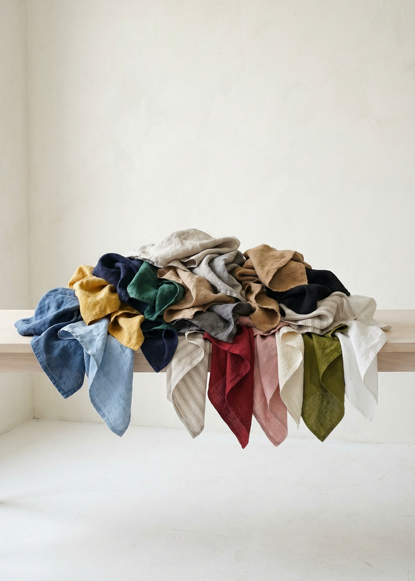 Colorful fabric scrunchies on a white surface with a neutral background