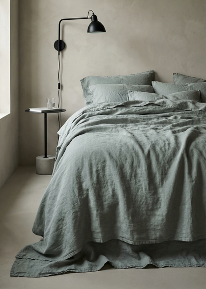 Bedroom with a bed covered in green bedding, a lamp on a side table, and a neutral wall.