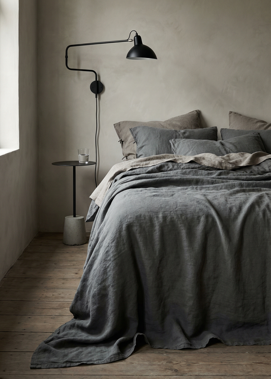 Bedroom with a bed covered in gray bedding, a black wall lamp, and a side table.