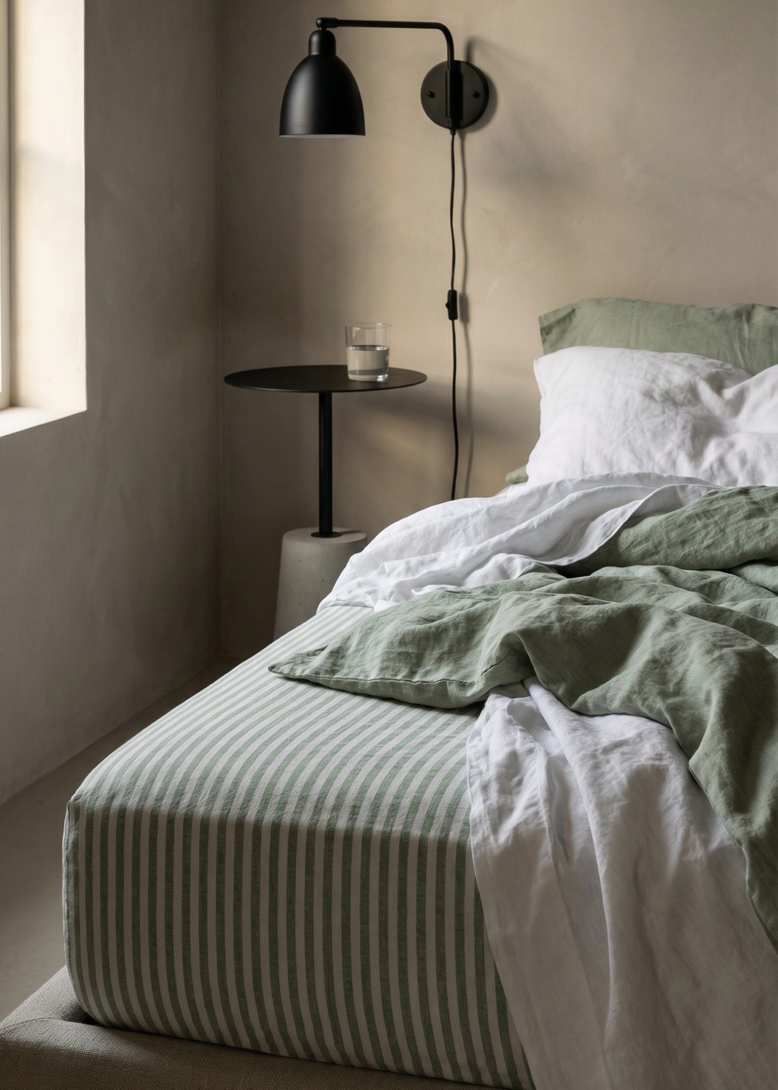 Bedroom with a bed, nightstand, and wall lamp.