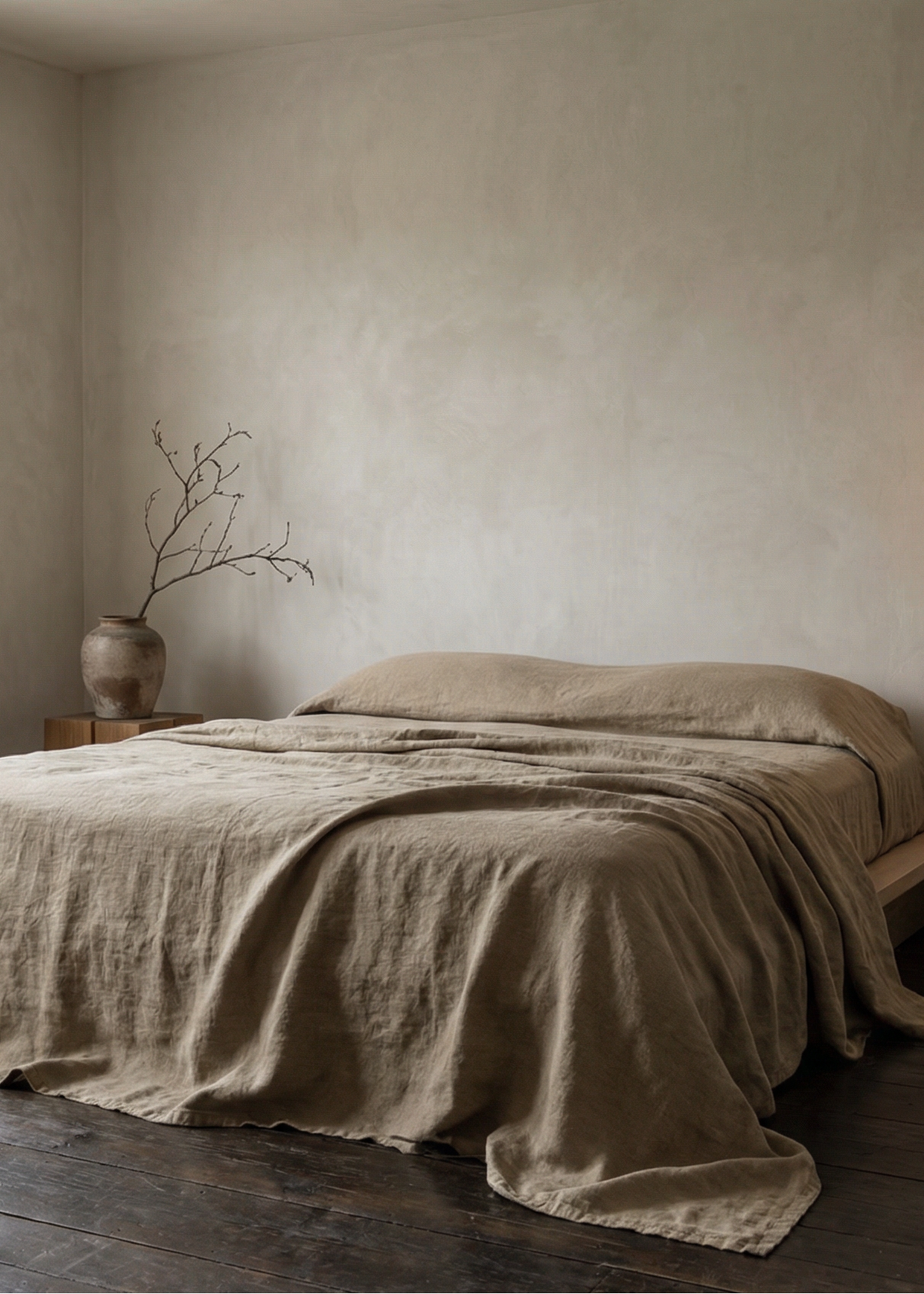 Bedroom with a bed covered in beige linens, a vase with branches, and a hanging light fixture.