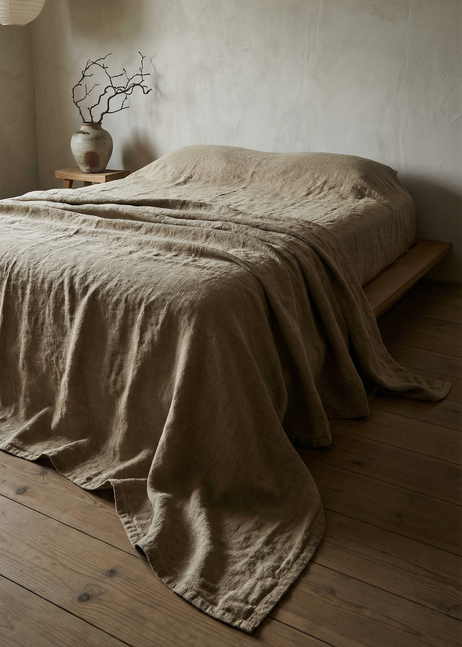 Beige textured blanket draped over a bed in a minimalistic room with wooden flooring.