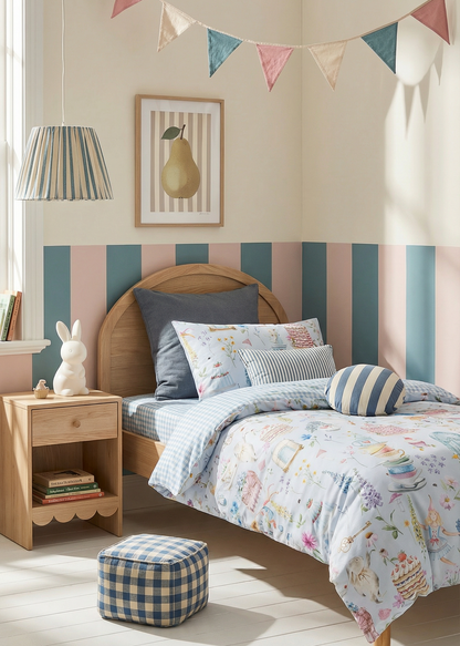 Children's bedroom with striped headboard, colorful bedding, and decorative flags.