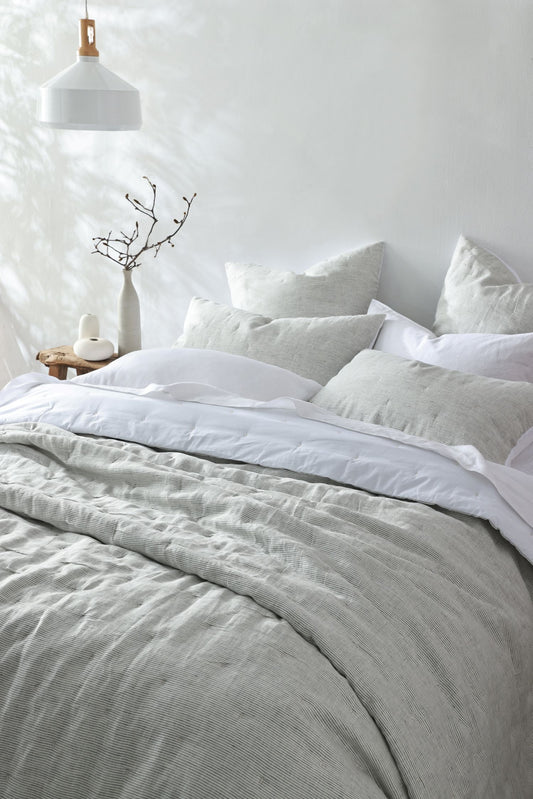 Linen Quilted Bed Cover - Black and White Pinstripe