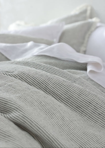 Linen Duvet Cover - Black and White Pinstripe