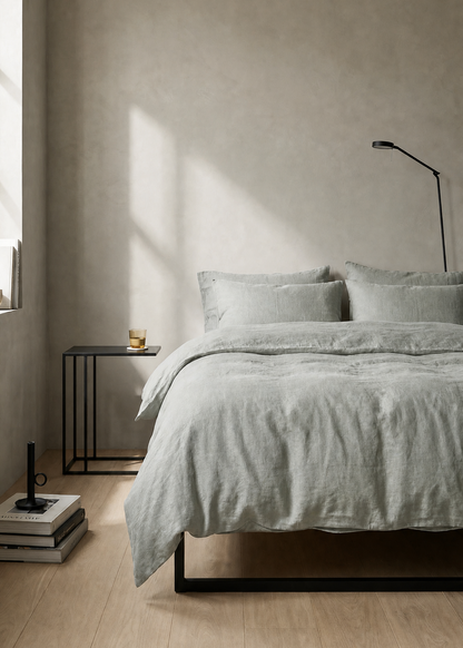 A minimalist bedroom scene featuring a bed dressed in light gray linen bedding, set against a textured plaster wall with soft sunlight streaming in from a window. A small black side table, a black floor lamp, and light wood flooring complete the cozy, modern aesthetic.