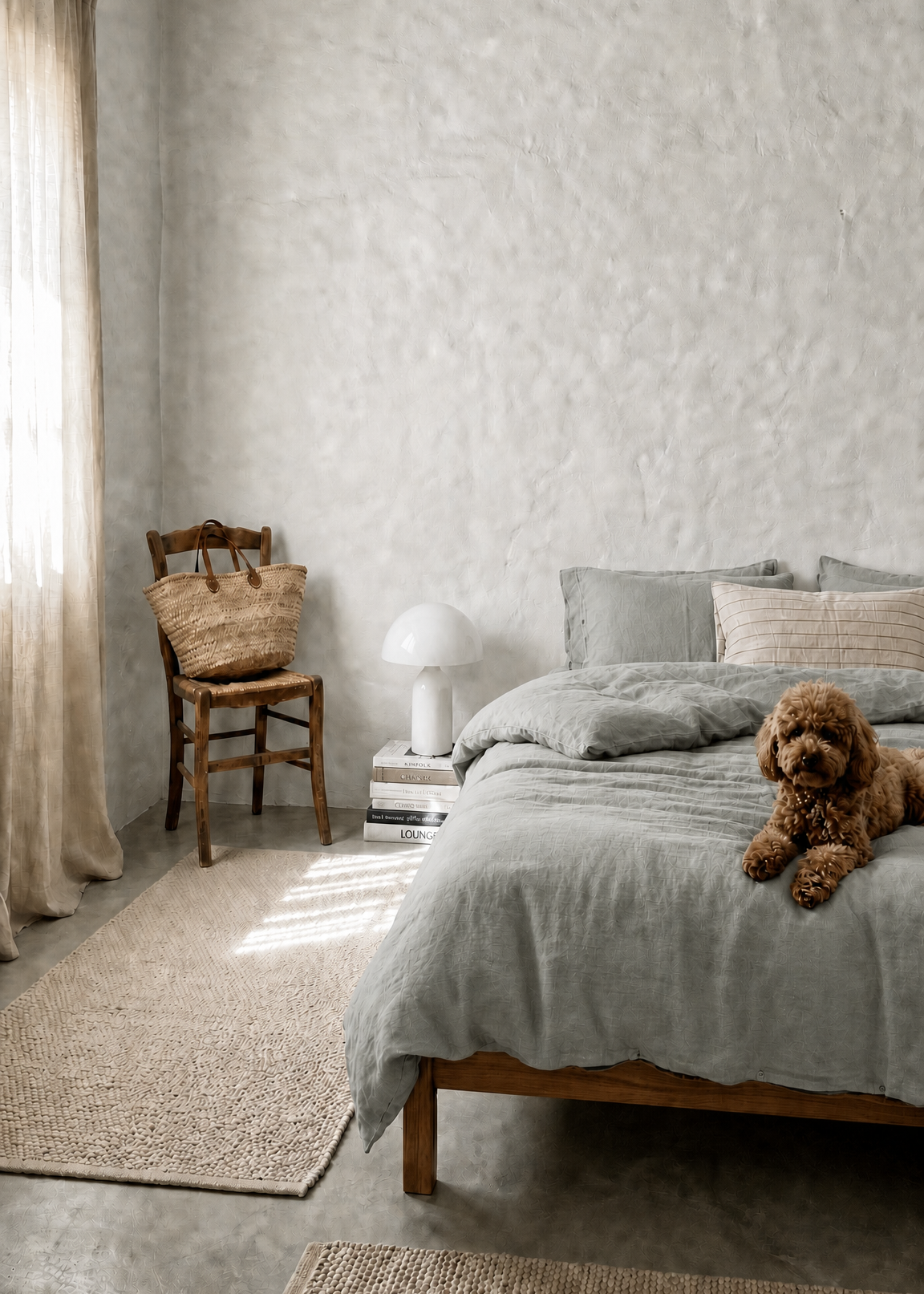 A cozy bedroom scene with a bed dressed in light gray bedding, a small brown dog resting on the bed, a rustic wooden chair with a woven bag beside it, textured walls, and natural light coming through sheer curtains.
