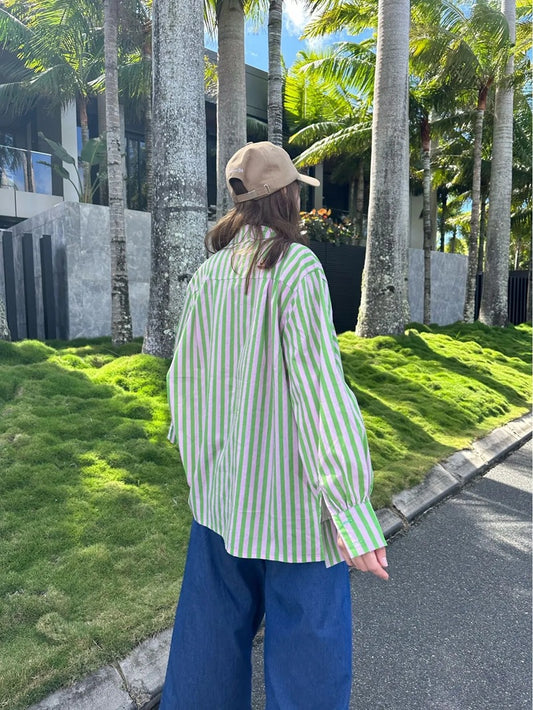 Oversized Cotton Shirt - Lime Stripes