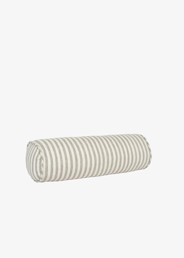 A cylindrical bolster pillow with a striped pattern in beige and gray, shown against a plain light gray background.