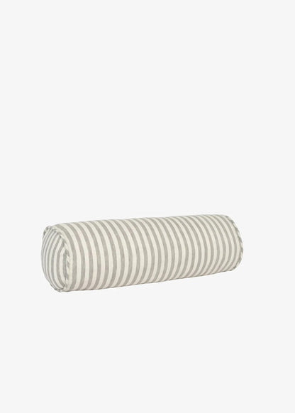 A cylindrical bolster pillow with a striped pattern in beige and gray, shown against a plain light gray background.