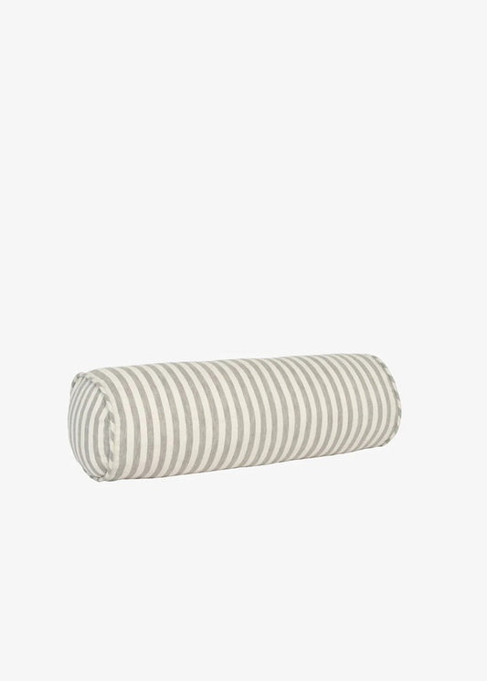 A cylindrical bolster pillow with a striped pattern in beige and gray, shown against a plain light gray background.