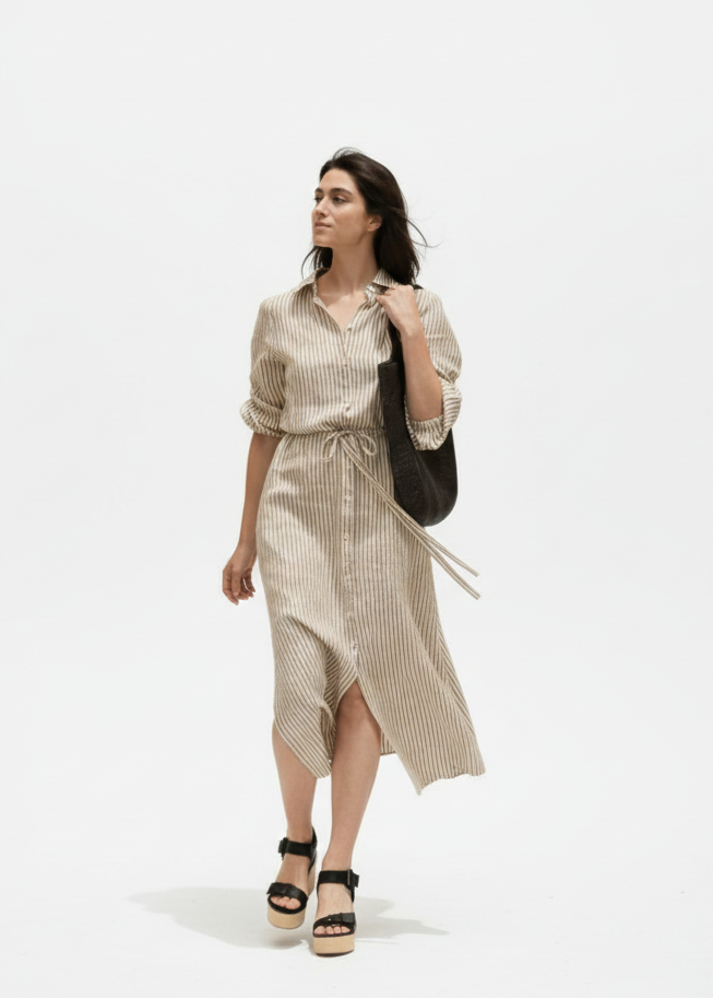 RHAPSODY Linen Dress - Bronze & White Stripes