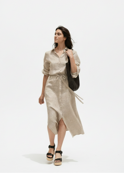 RHAPSODY Linen Dress - Bronze & White Stripes